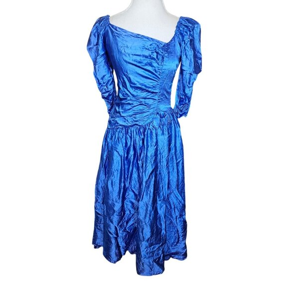 80s Size 8 Blue Formal Dress Gown‎ Prom Shiny Satin Assymetrical Puff Sleeve - Picture 2 of 14